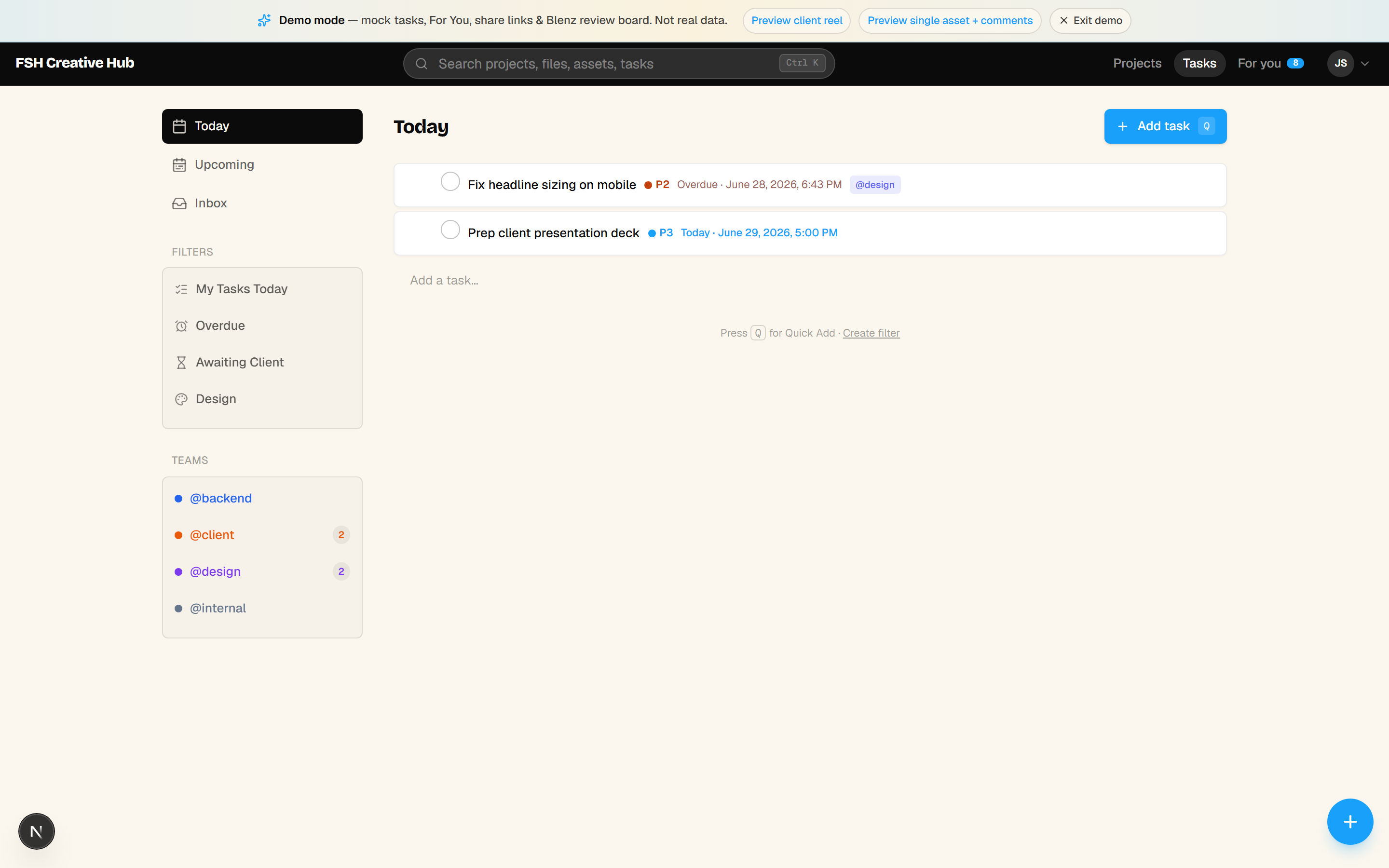 Tasks today view